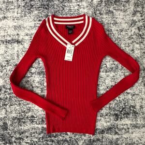 NWT Hooked Up by I.O.T. Women's M Red Varsity Ribbed V-Neck Sweater Long Sleeve